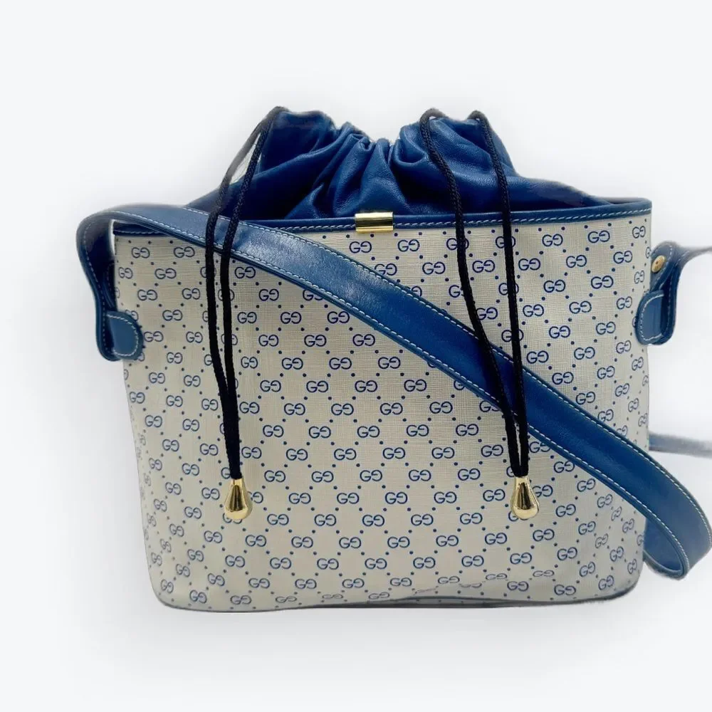 Auth Old Gucci Vintage Blue White Mini Supreme PVC Small Bucket Bag Cinch